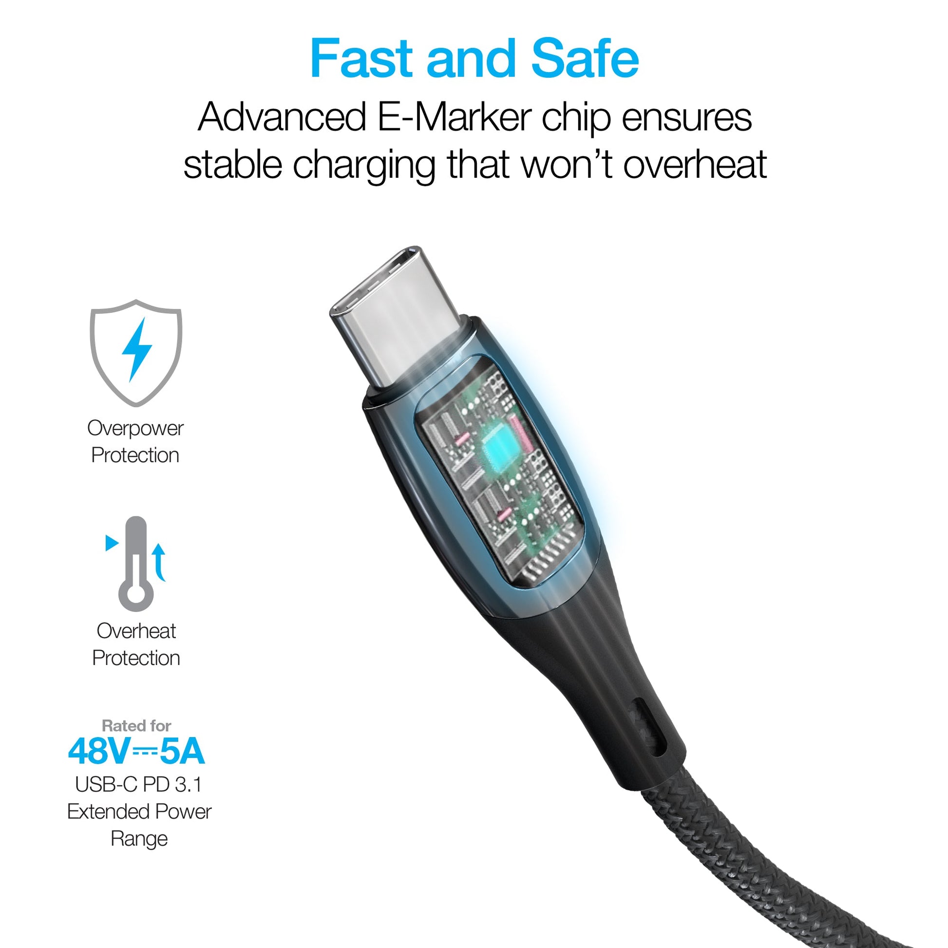 DigiWATT 240W USB - C to USB - C Digital Fast Charge Cable with LED Power Display | 12ft | Black - US Stores