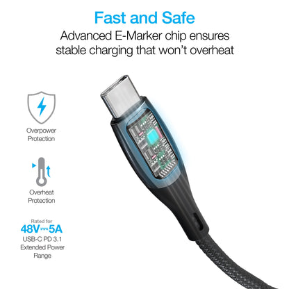 DigiWATT 240W USB - C to USB - C Digital Fast Charge Cable with LED Power Display | 12ft | Black - US Stores
