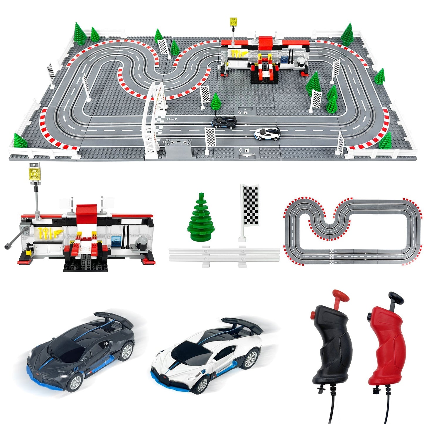 Dual-lane slot car race track set with two cars and adjustable-speed wired controllers