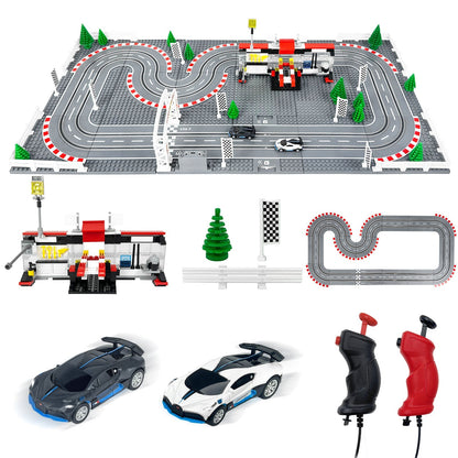 Dual-lane slot car race track set with two cars and adjustable-speed wired controllers
