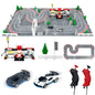 Dual-lane slot car race track set with two cars and adjustable-speed wired controllers