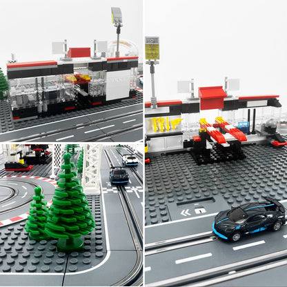 Dual-lane slot car race track set with two cars and adjustable-speed wired controllers