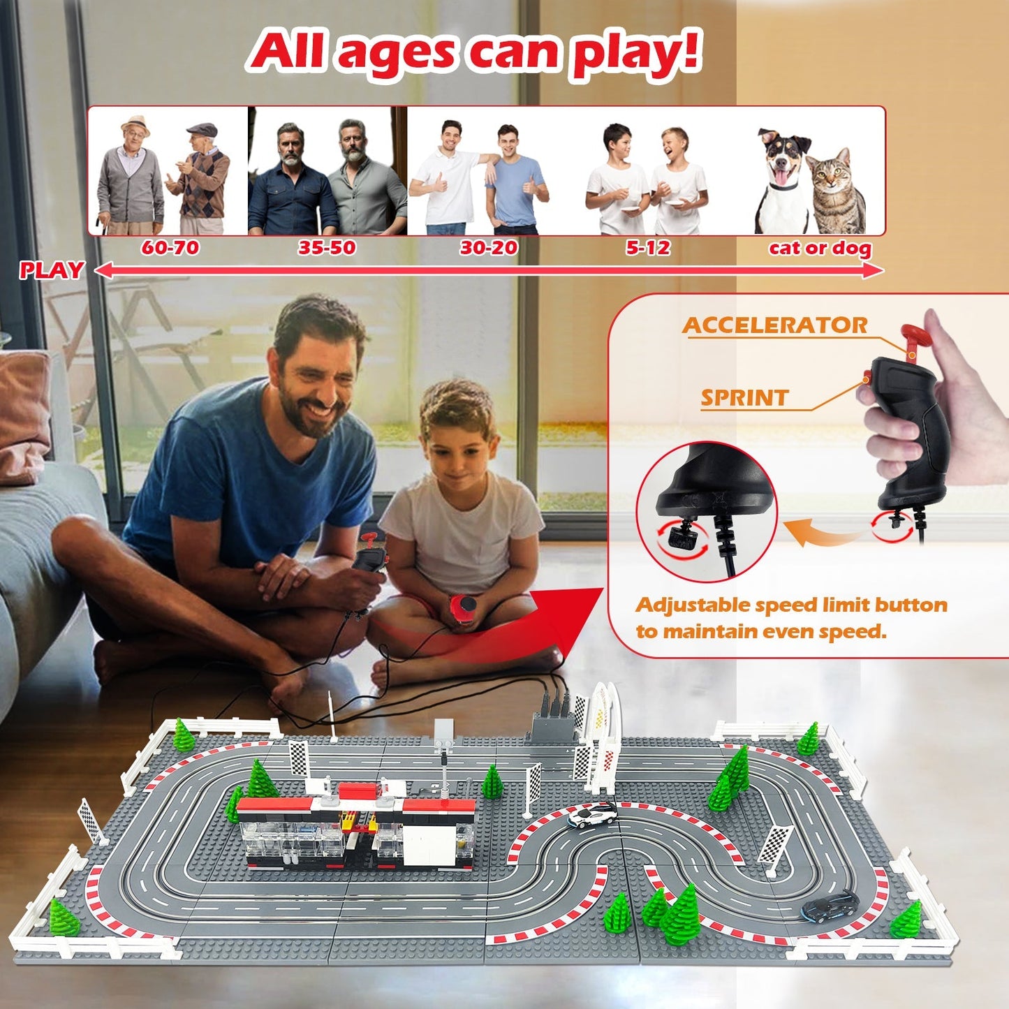 Dual-lane slot car race track set with two cars and adjustable-speed wired controllers