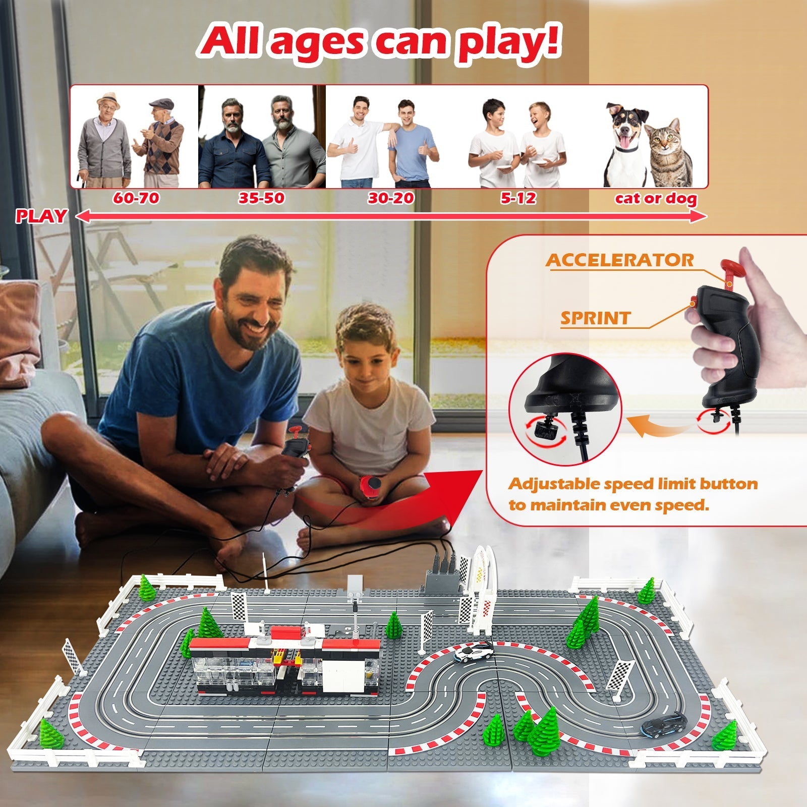 Dual-lane slot car race track set with two cars and adjustable-speed wired controllers