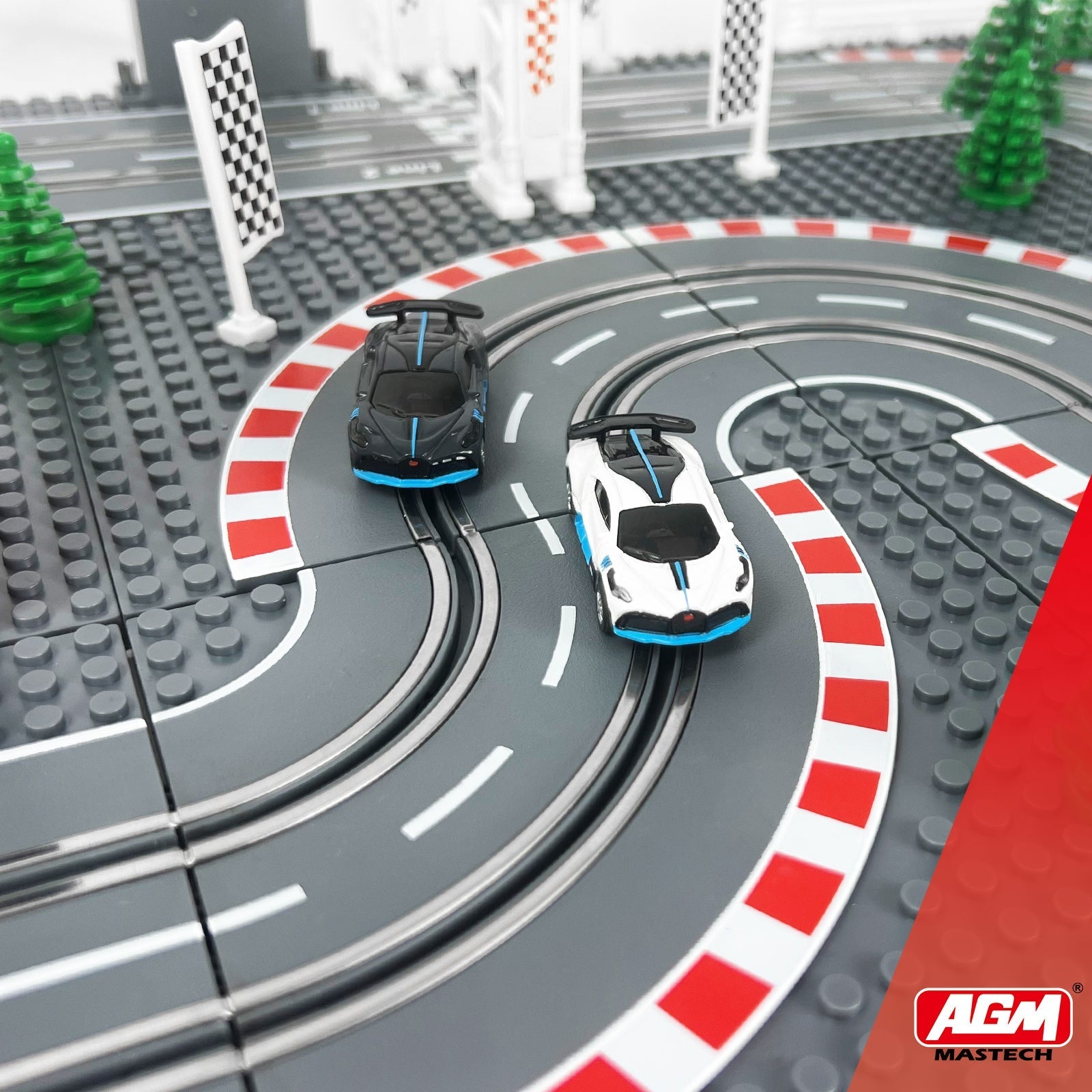 Dual-lane slot car race track set with two cars and adjustable-speed wired controllers