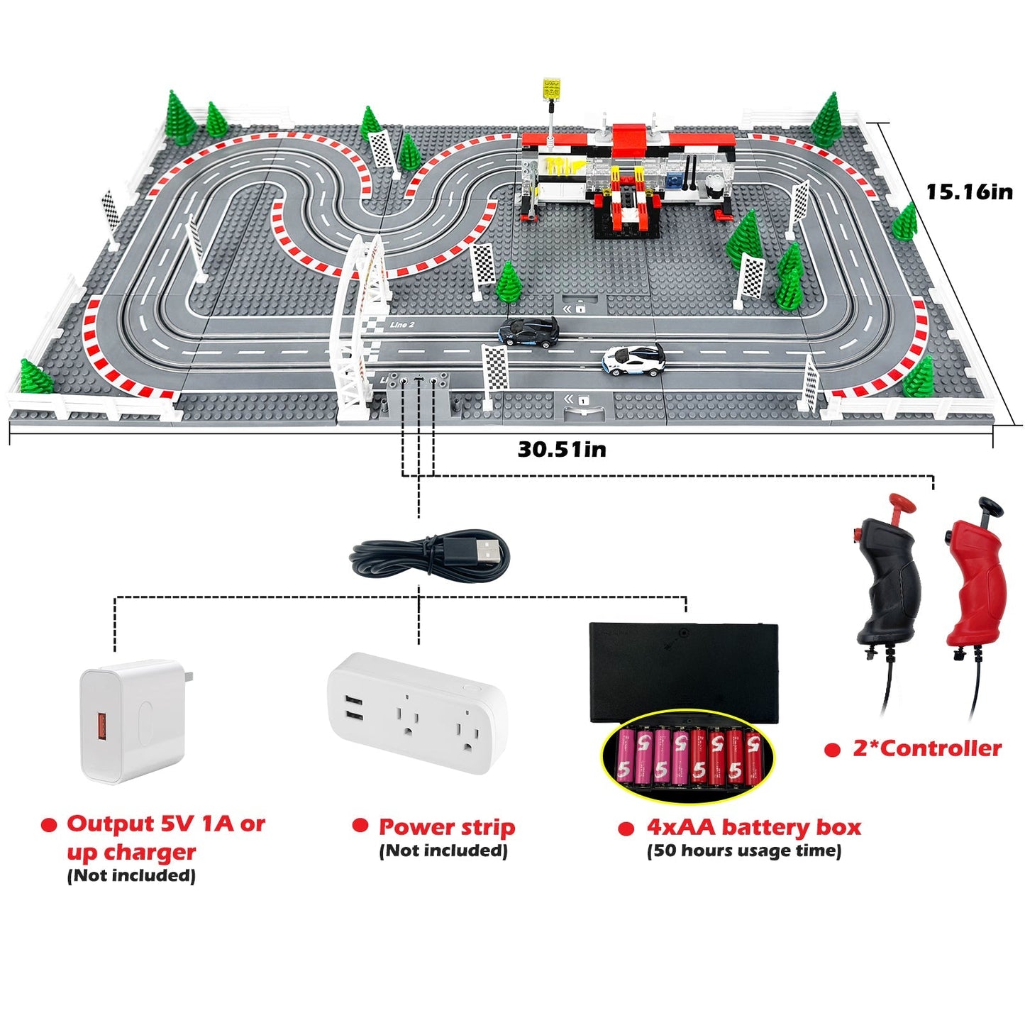 Dual-lane slot car race track set with two cars and adjustable-speed wired controllers
