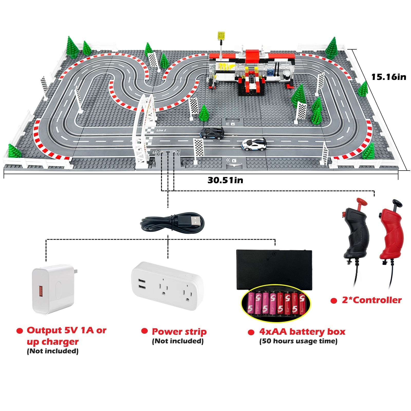 Dual-lane slot car race track set with two cars and adjustable-speed wired controllers