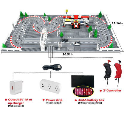 Dual-lane slot car race track set with two cars and adjustable-speed wired controllers