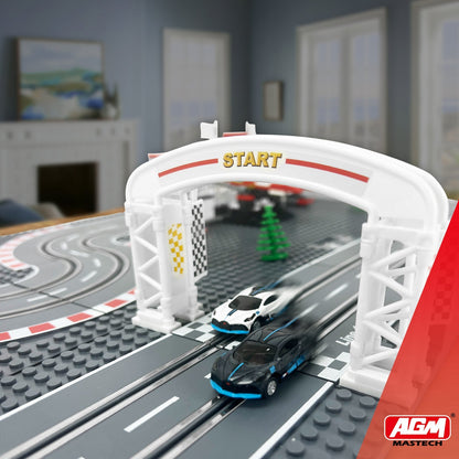 Dual-lane slot car race track set with two cars and adjustable-speed wired controllers