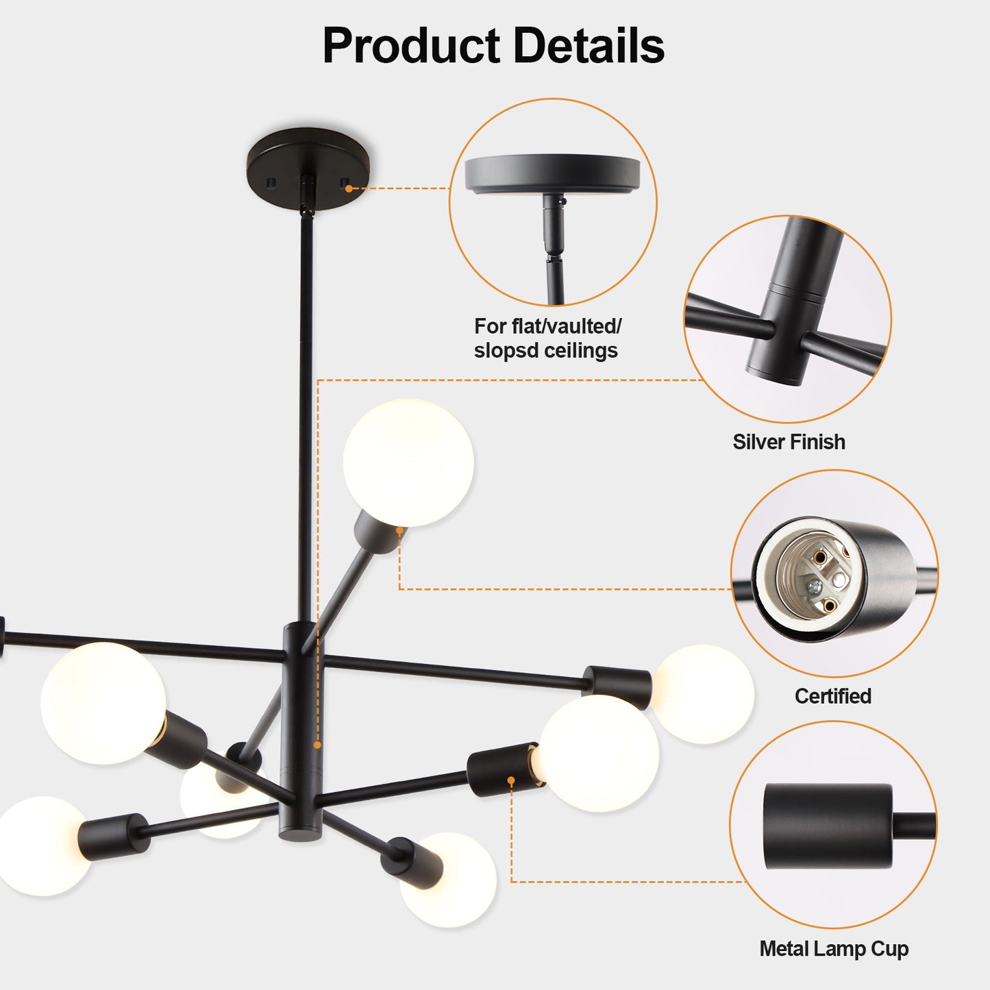 Chandelier Height Adjustable Modern Sputnik Chandeliers, E26 Bulb Easy Installation Dining Room Chandelier, Black 8 Light for Dining Room, Living Room, Bedroom