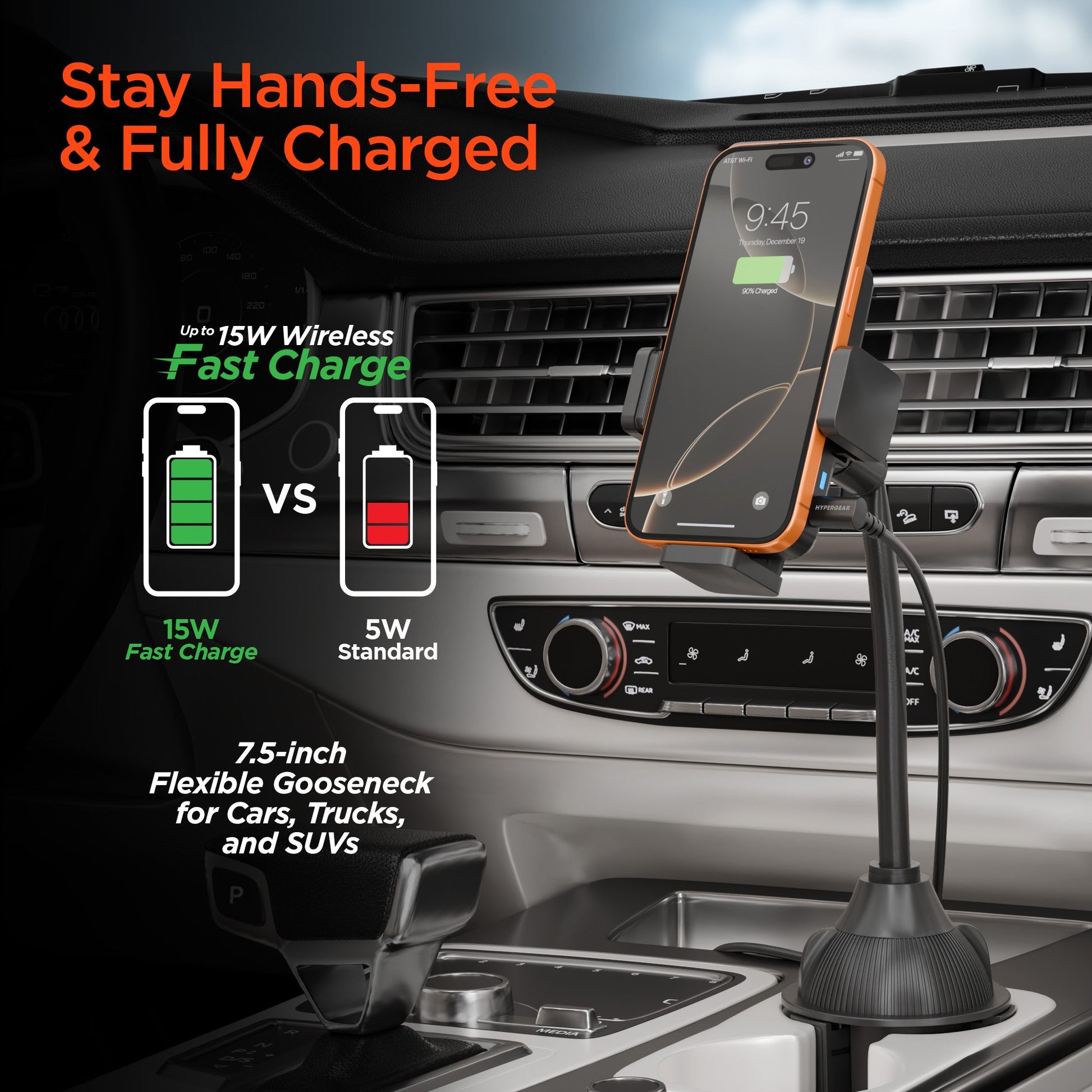 EZ Grip 15W Wireless Fast Charging Phone Mount | Cup Holder | Black - US Stores