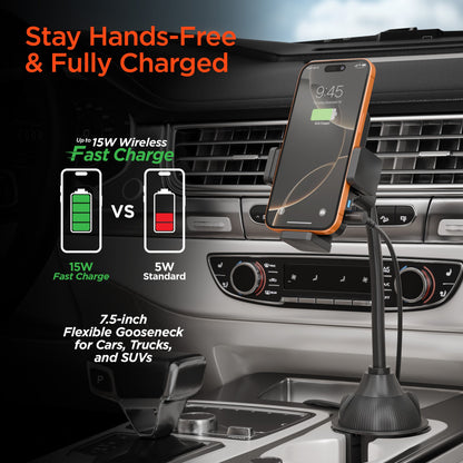 EZ Grip 15W Wireless Fast Charging Phone Mount | Cup Holder | Black - US Stores