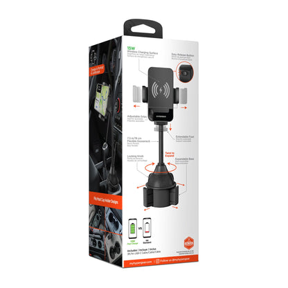 EZ Grip 15W Wireless Fast Charging Phone Mount | Cup Holder | Black - US Stores