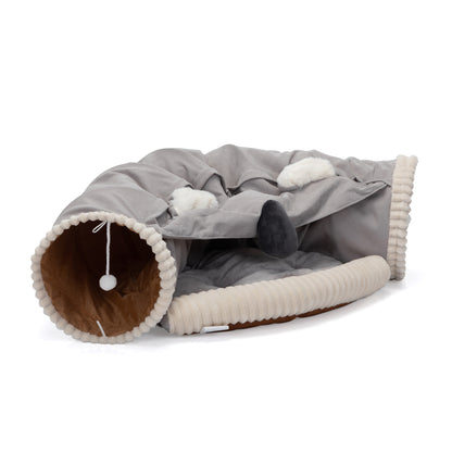 Collapsible Cat Tunnel Bed for Indoor Cats, Washable Cat Hide Tunnel with Hanging Toys and Cushion Mat, Gray