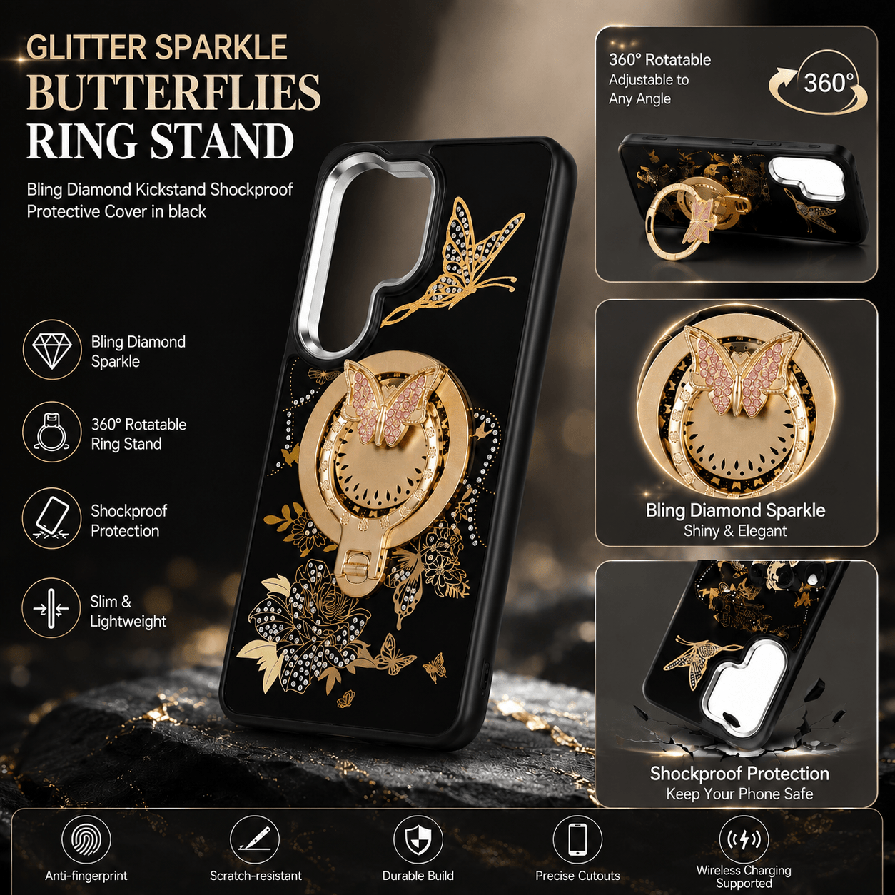 Glitter Butterfly Ring Stand Case for Samsung Galaxy A37 5G – Black - US Stores