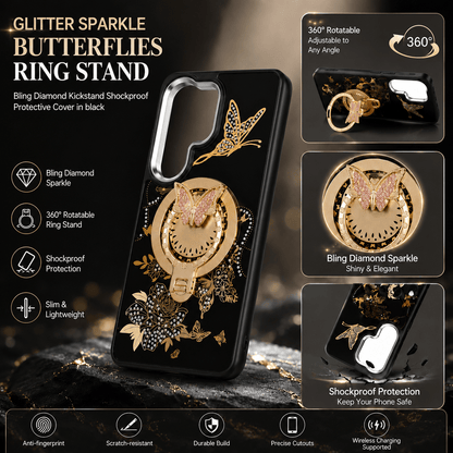 Glitter Butterfly Ring Stand Case for Samsung Galaxy A37 5G – Black - US Stores