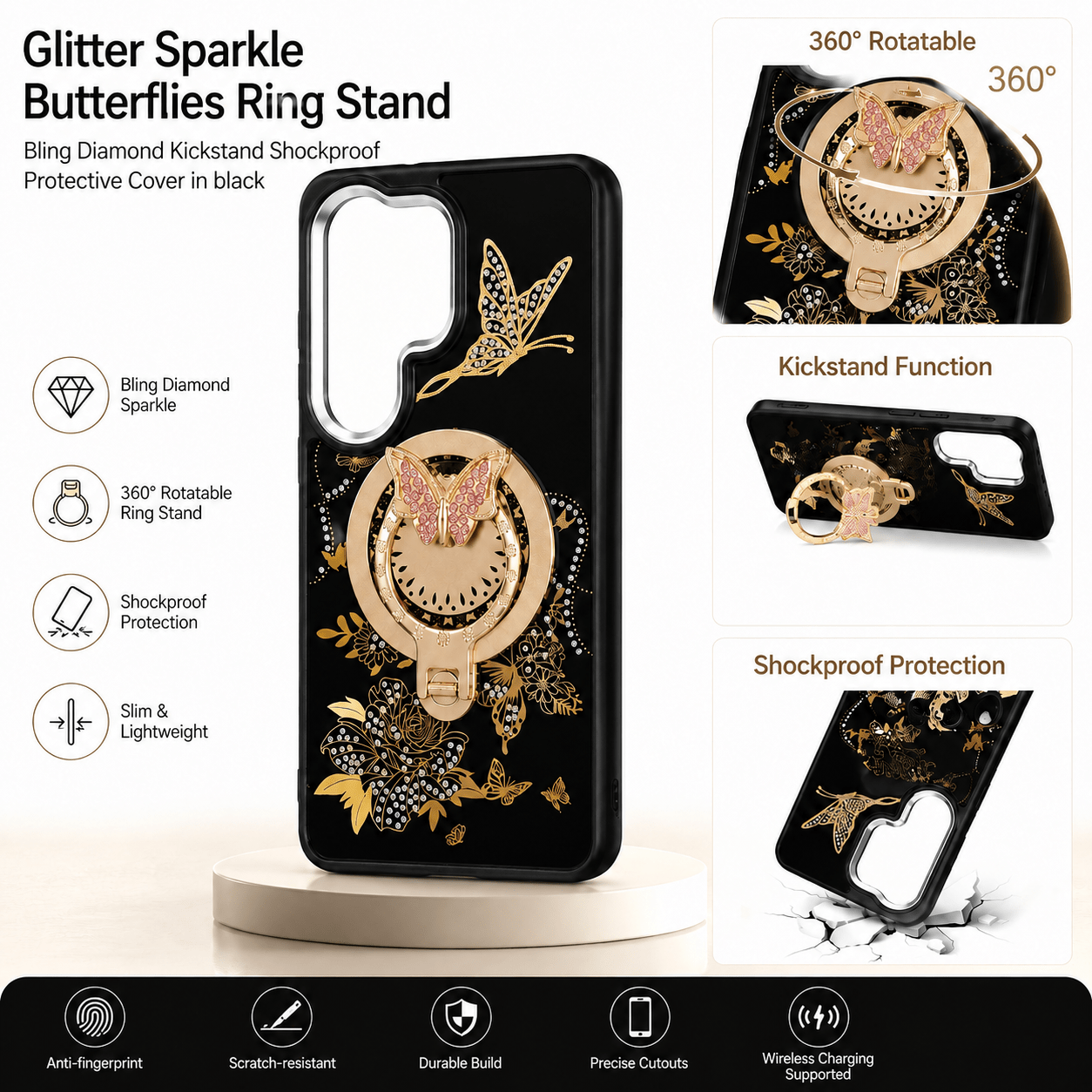 Glitter Butterfly Ring Stand Case for Samsung Galaxy A37 5G – Black - US Stores