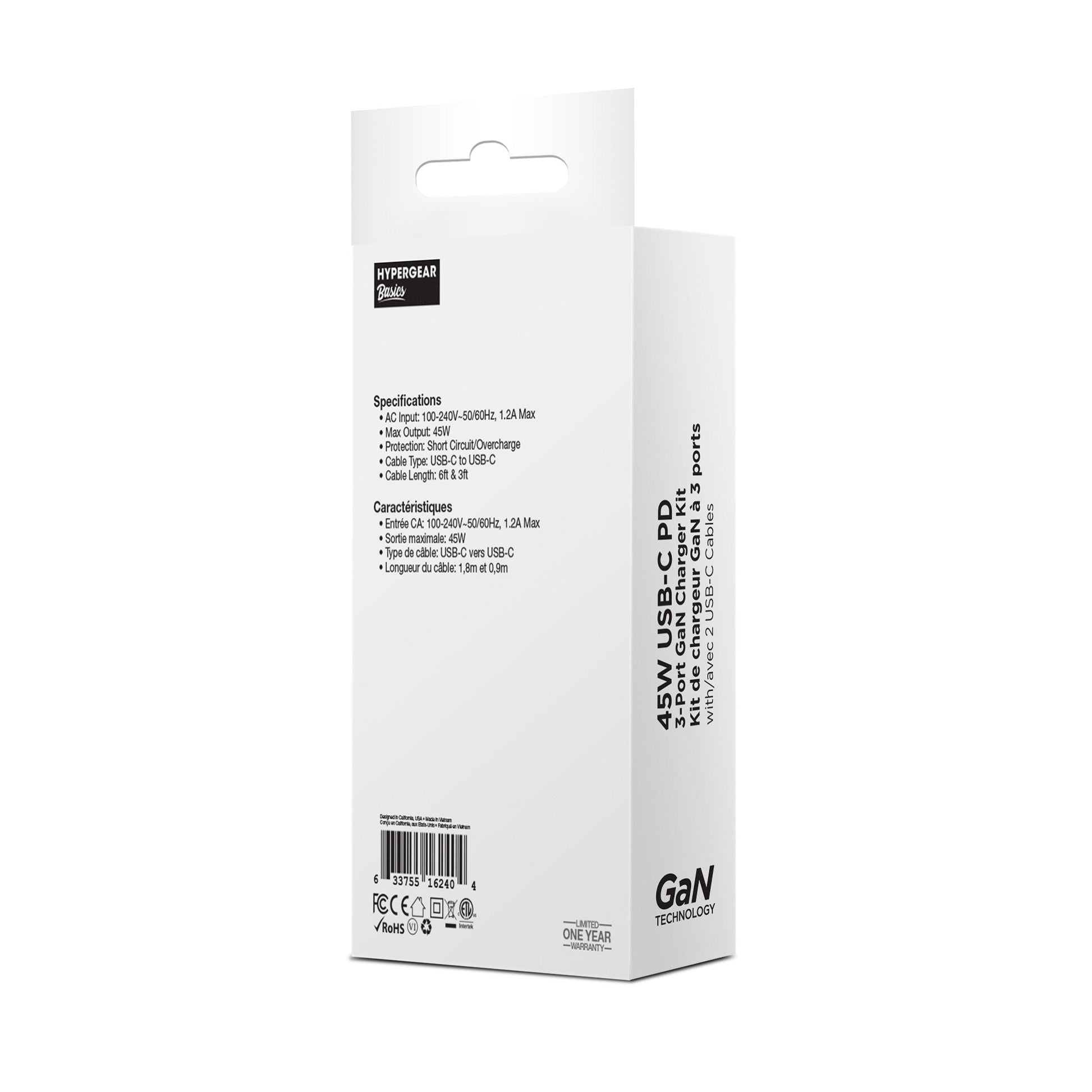 HyperGear Basics | 45W USB - C PD PPS Tri - Port GaN Fast Wall Charger | 3ft & 6ft USB - C Cables | White - US Stores