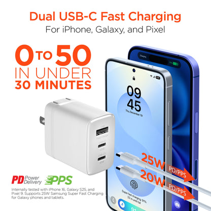 HyperGear Basics | 45W USB - C PD PPS Tri - Port GaN Fast Wall Charger | 3ft & 6ft USB - C Cables | White - US Stores