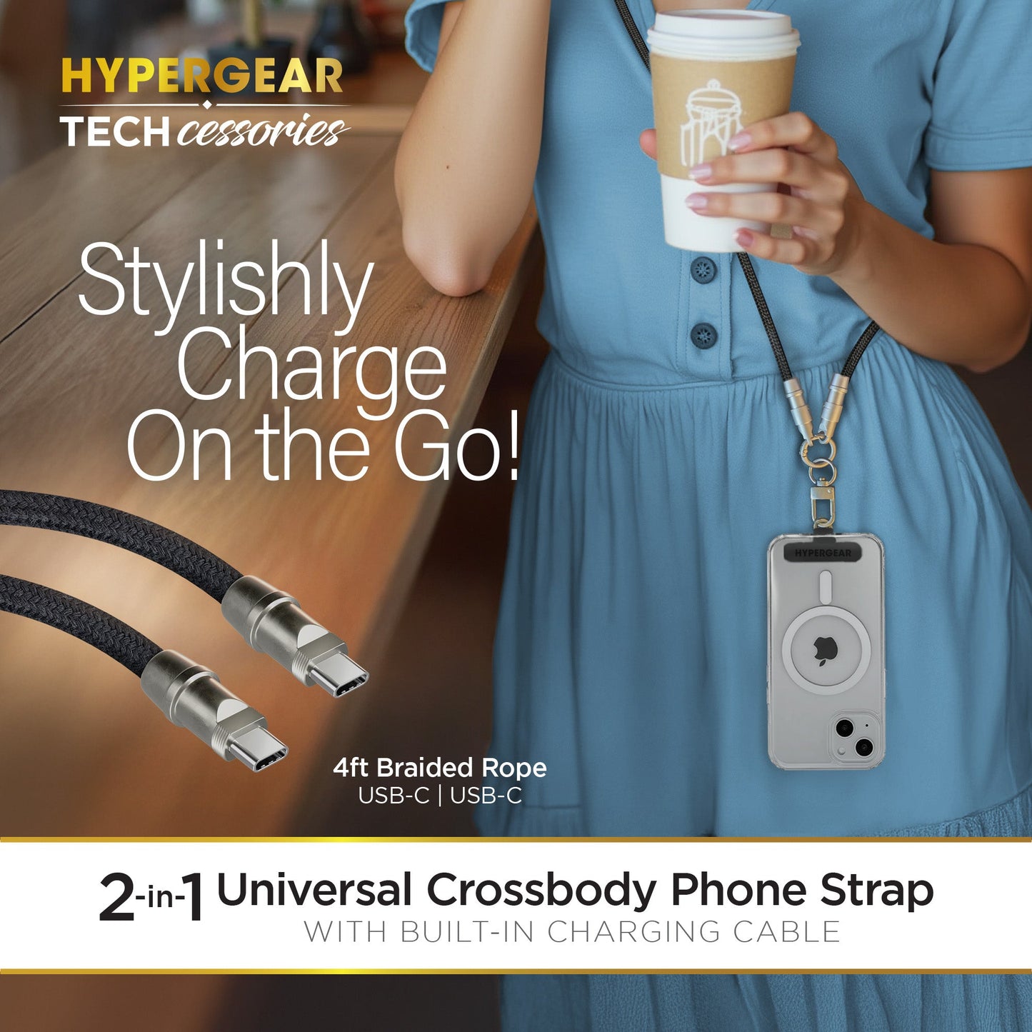 HyperGear TECHcessories | 2 - in - 1 Universal Crossbody Phone Strap and Charging Cable | Black - US Stores