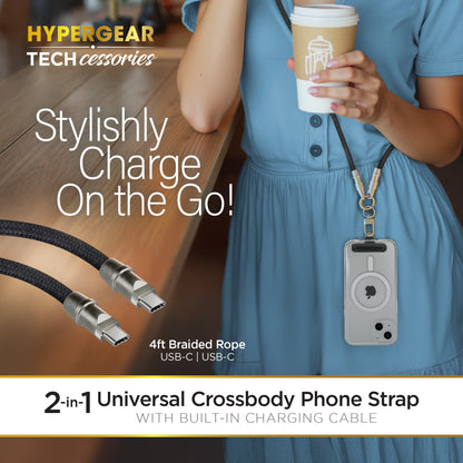 HyperGear TECHcessories | 2 - in - 1 Universal Crossbody Phone Strap and Charging Cable | Black - US Stores