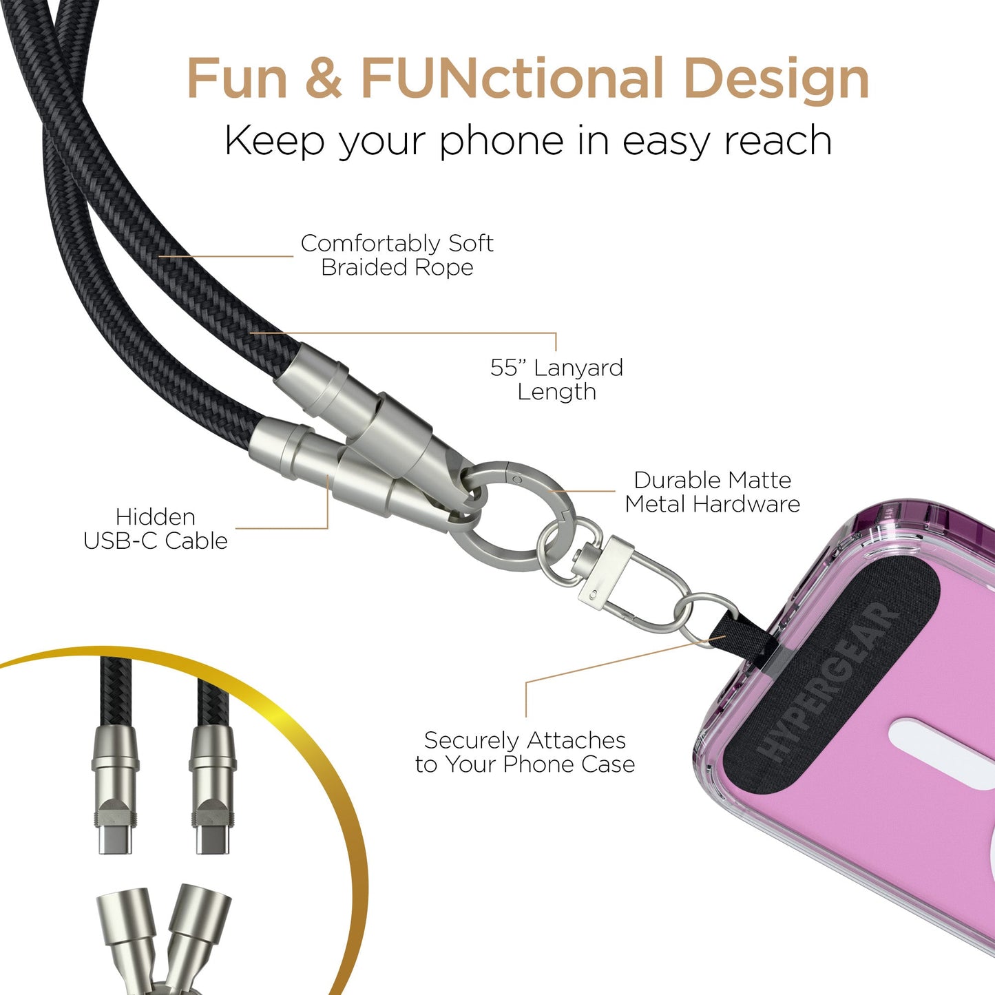 HyperGear TECHcessories | 2 - in - 1 Universal Crossbody Phone Strap and Charging Cable | Black - US Stores