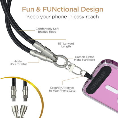 HyperGear TECHcessories | 2 - in - 1 Universal Crossbody Phone Strap and Charging Cable | Black - US Stores