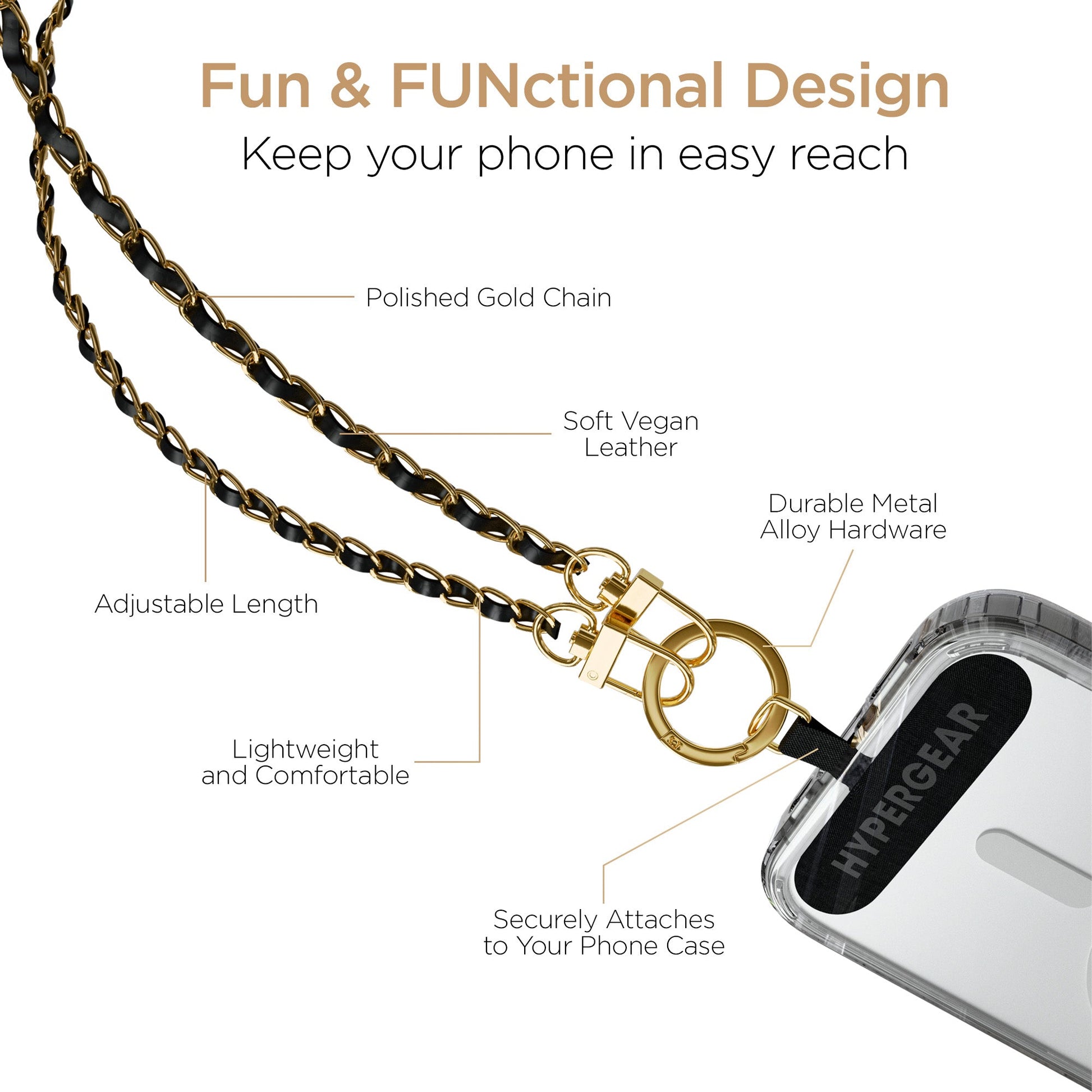 HyperGear TECHcessories | Universal Crossbody Phone Strap | Gold Chain with Black Vegan Leather - US Stores