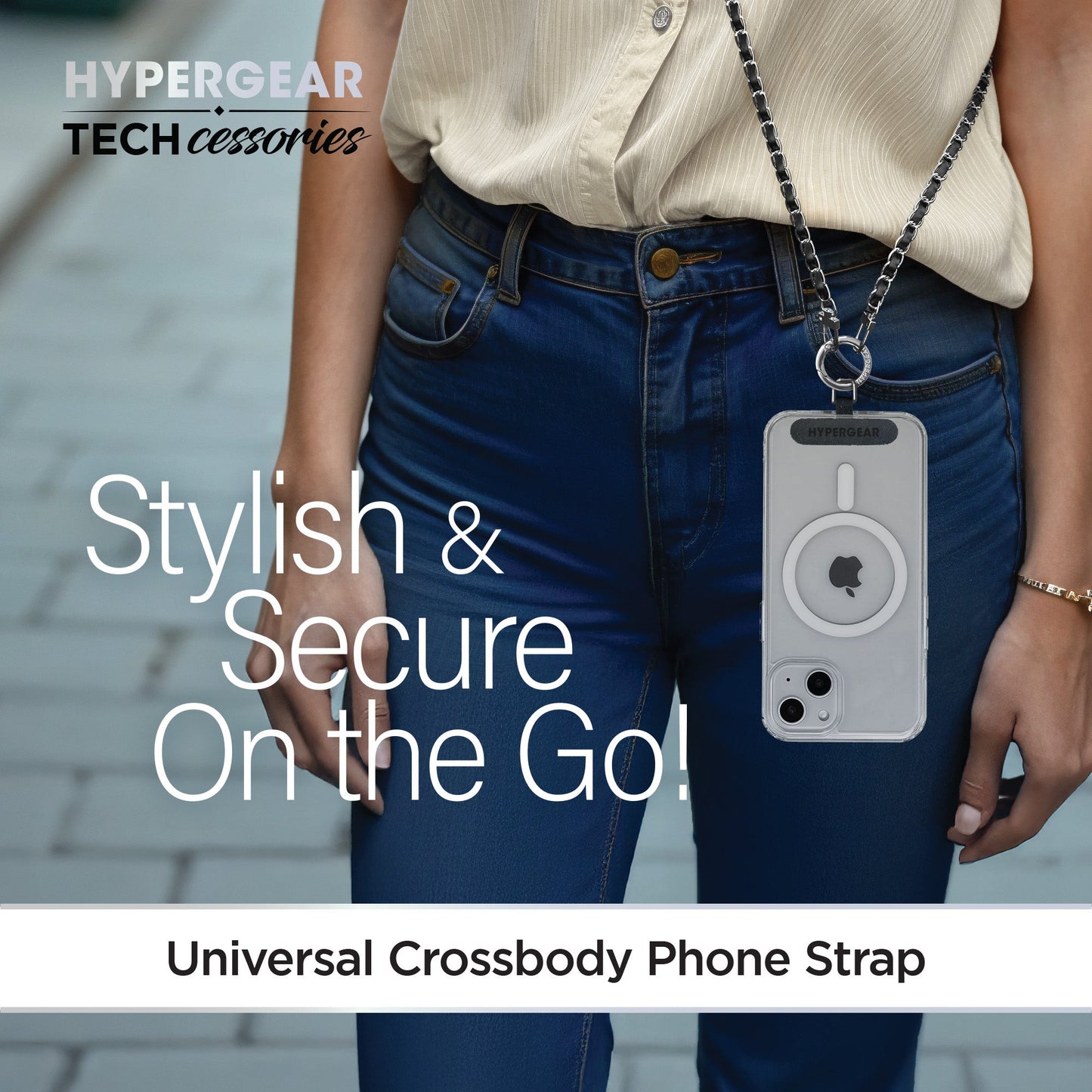 HyperGear TECHcessories | Universal Crossbody Phone Strap | Silver Chain with Black Vegan Leather - US Stores