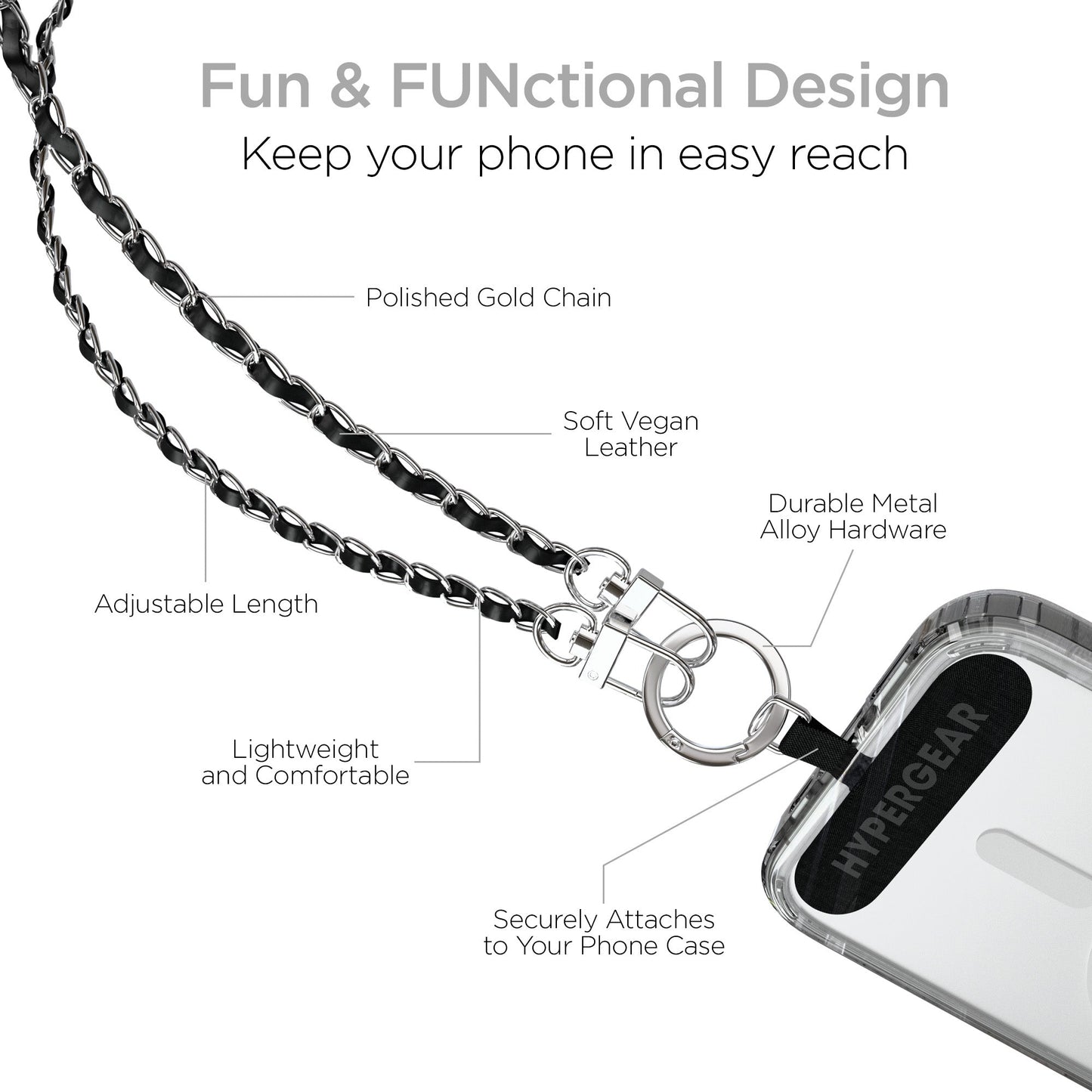 HyperGear TECHcessories | Universal Crossbody Phone Strap | Silver Chain with Black Vegan Leather - US Stores