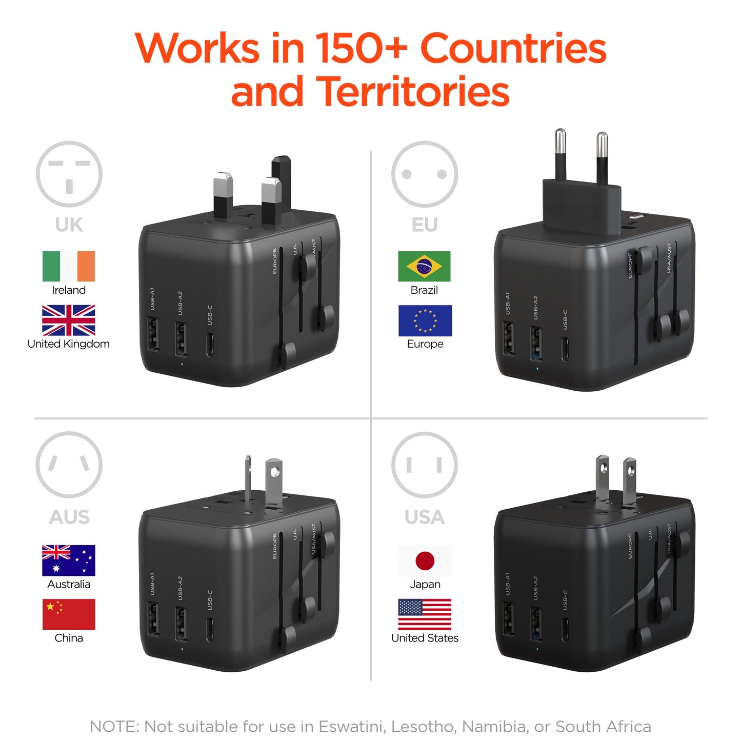 HyperGear WorldCharge Universal Travel Adapter with USB - C Blk - US Stores