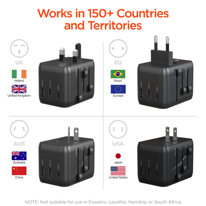 HyperGear WorldCharge Universal Travel Adapter with USB - C Blk - US Stores