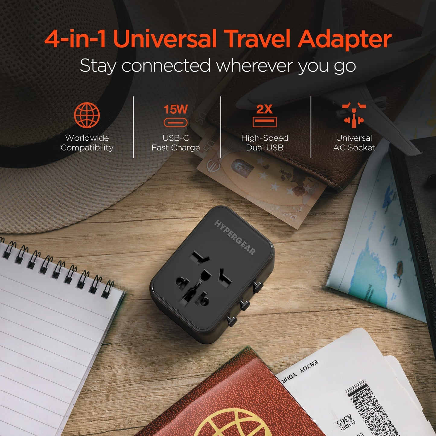 HyperGear WorldCharge Universal Travel Adapter with USB - C Blk - US Stores