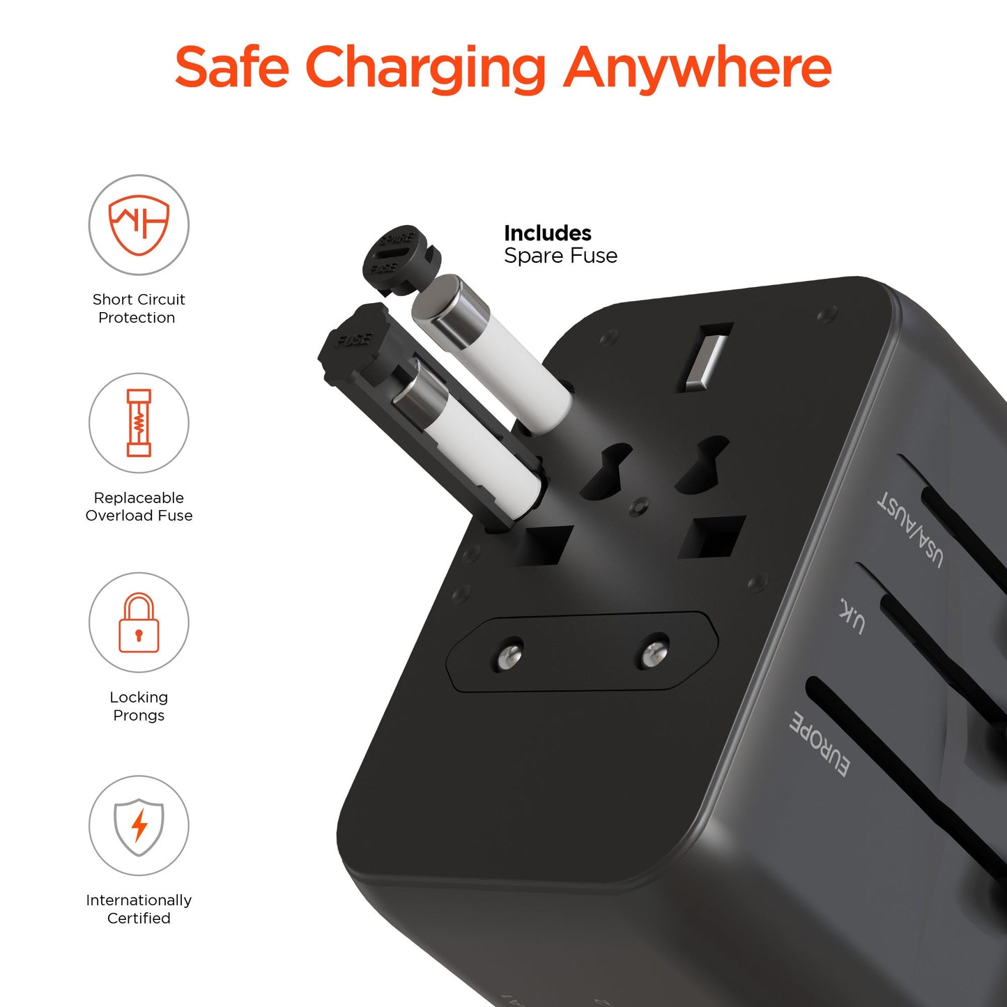 HyperGear WorldCharge Universal Travel Adapter with USB - C Blk - US Stores