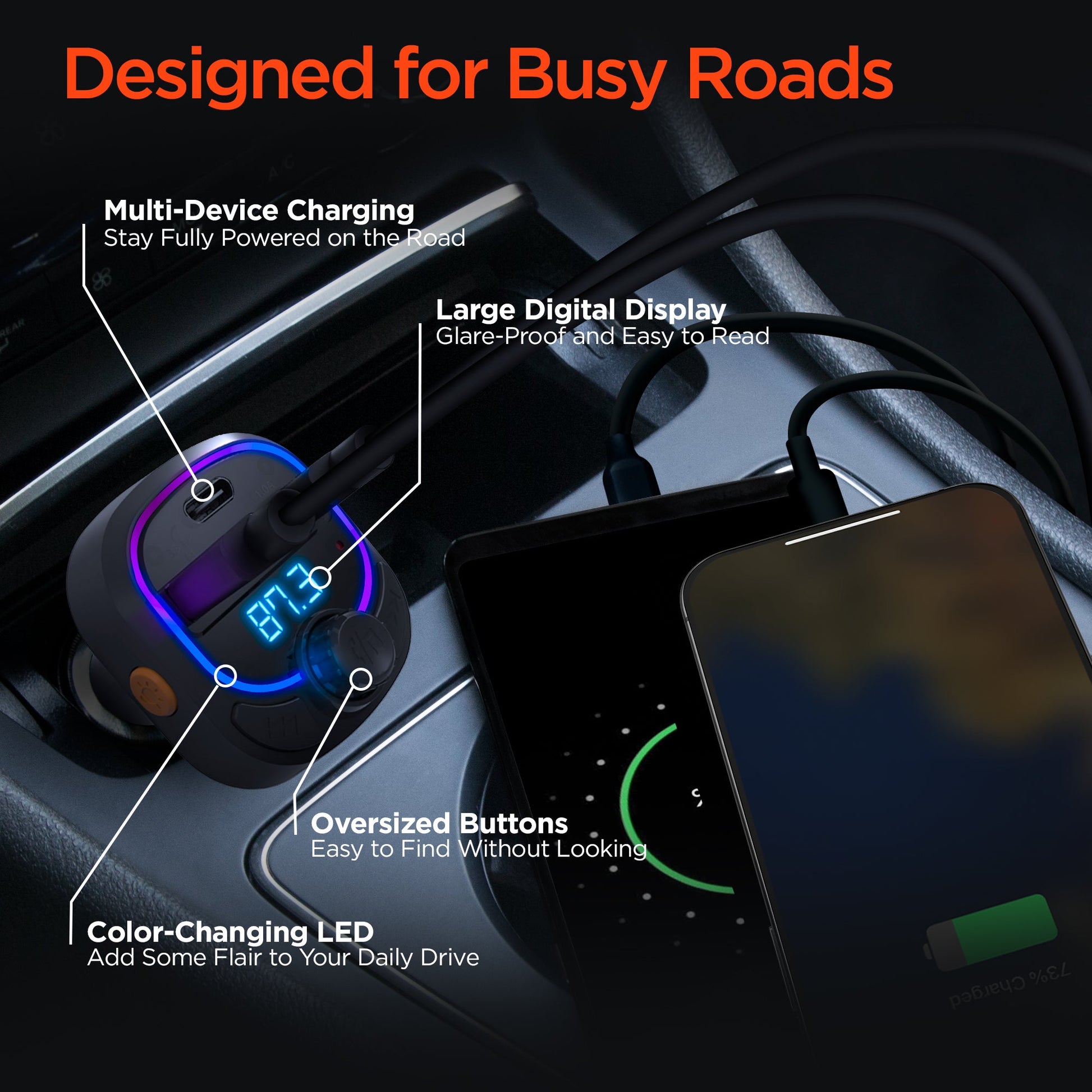 IntelliCast Road FM Transmitter Car Charger with 15W USB - C | Black - US Stores