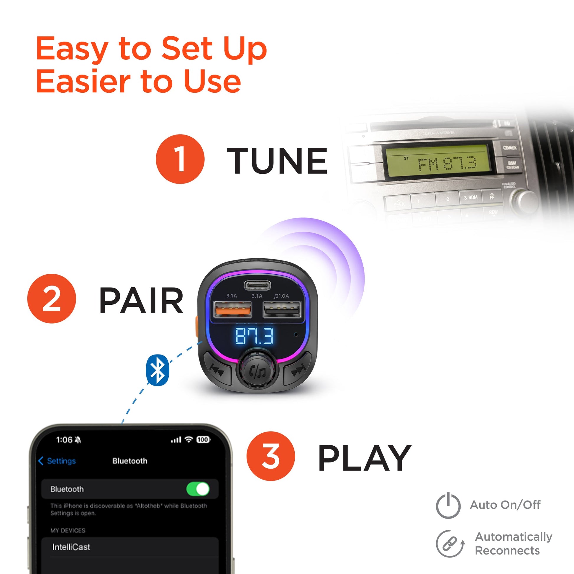 IntelliCast Road FM Transmitter Car Charger with 15W USB - C | Black - US Stores