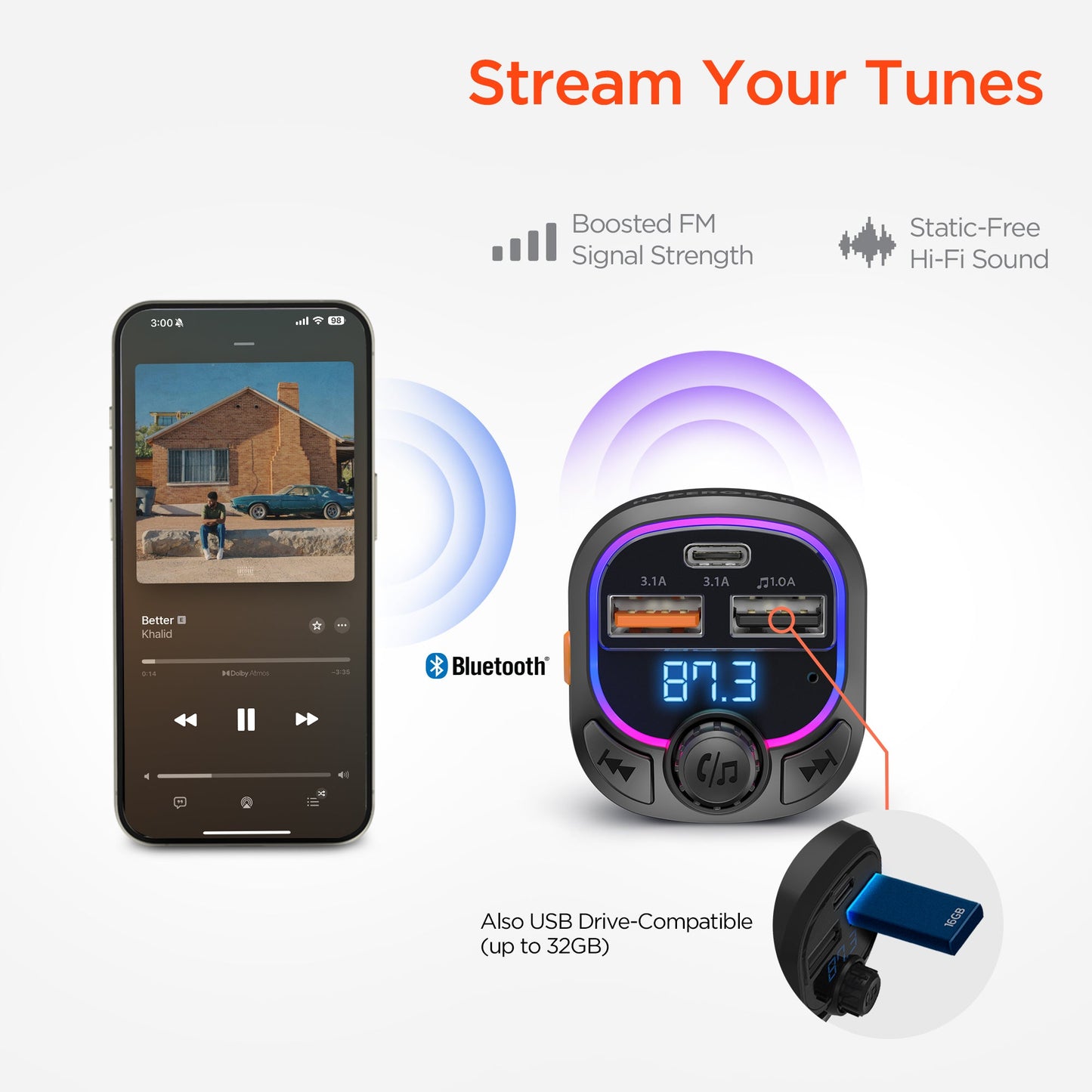 IntelliCast Road FM Transmitter Car Charger with 15W USB - C | Black - US Stores