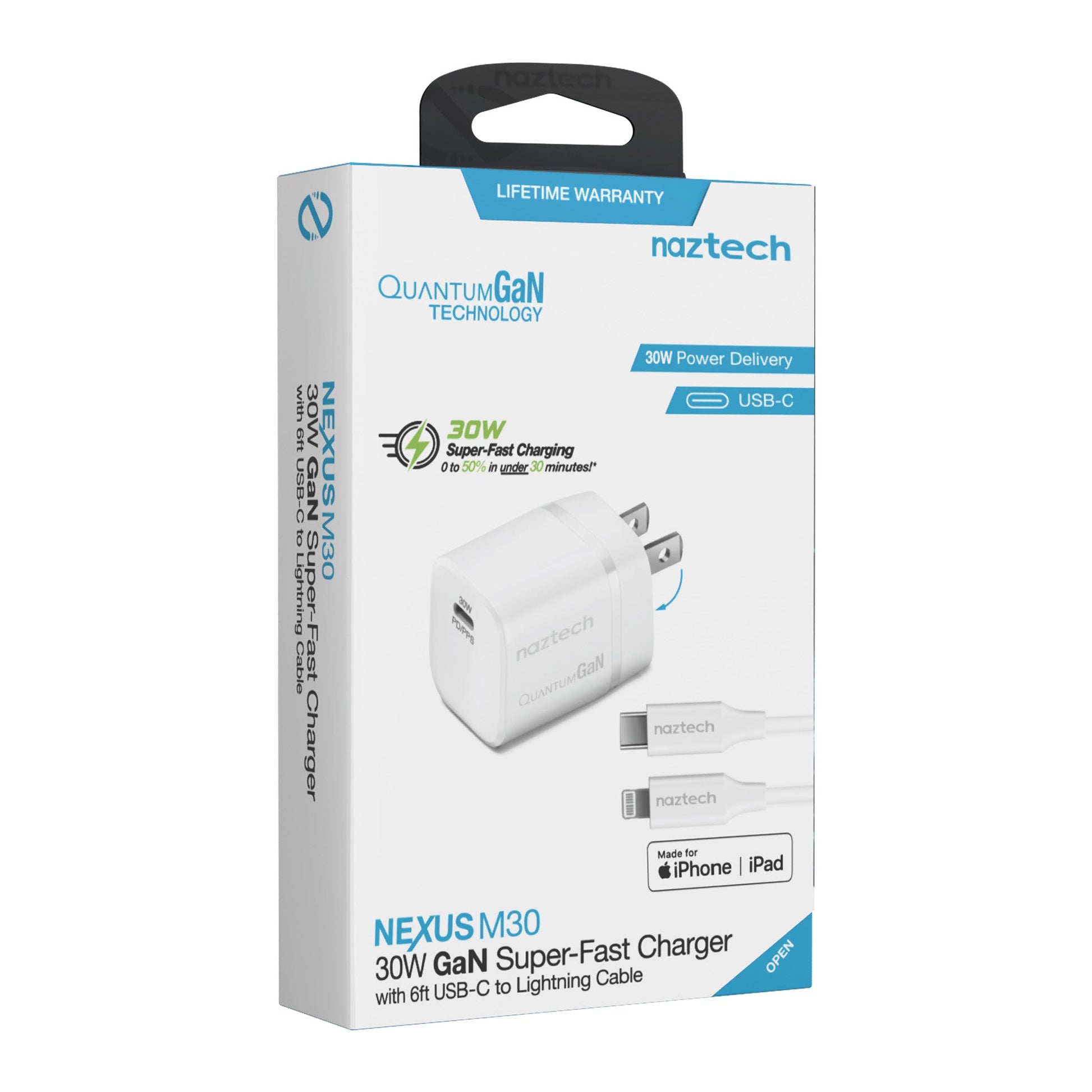 Nexus M30 30W USB-C PD GaN Super-Fast Wall Charger with PPS | 6ft MFi Lightning Cable | White - US Stores