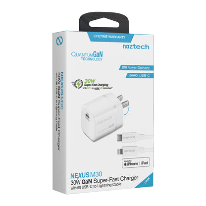 Nexus M30 30W USB-C PD GaN Super-Fast Wall Charger with PPS | 6ft MFi Lightning Cable | White - US Stores