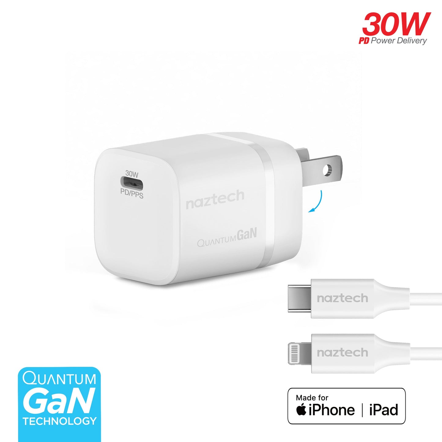 Nexus M30 30W USB-C PD GaN Super-Fast Wall Charger with PPS | 6ft MFi Lightning Cable | White - US Stores