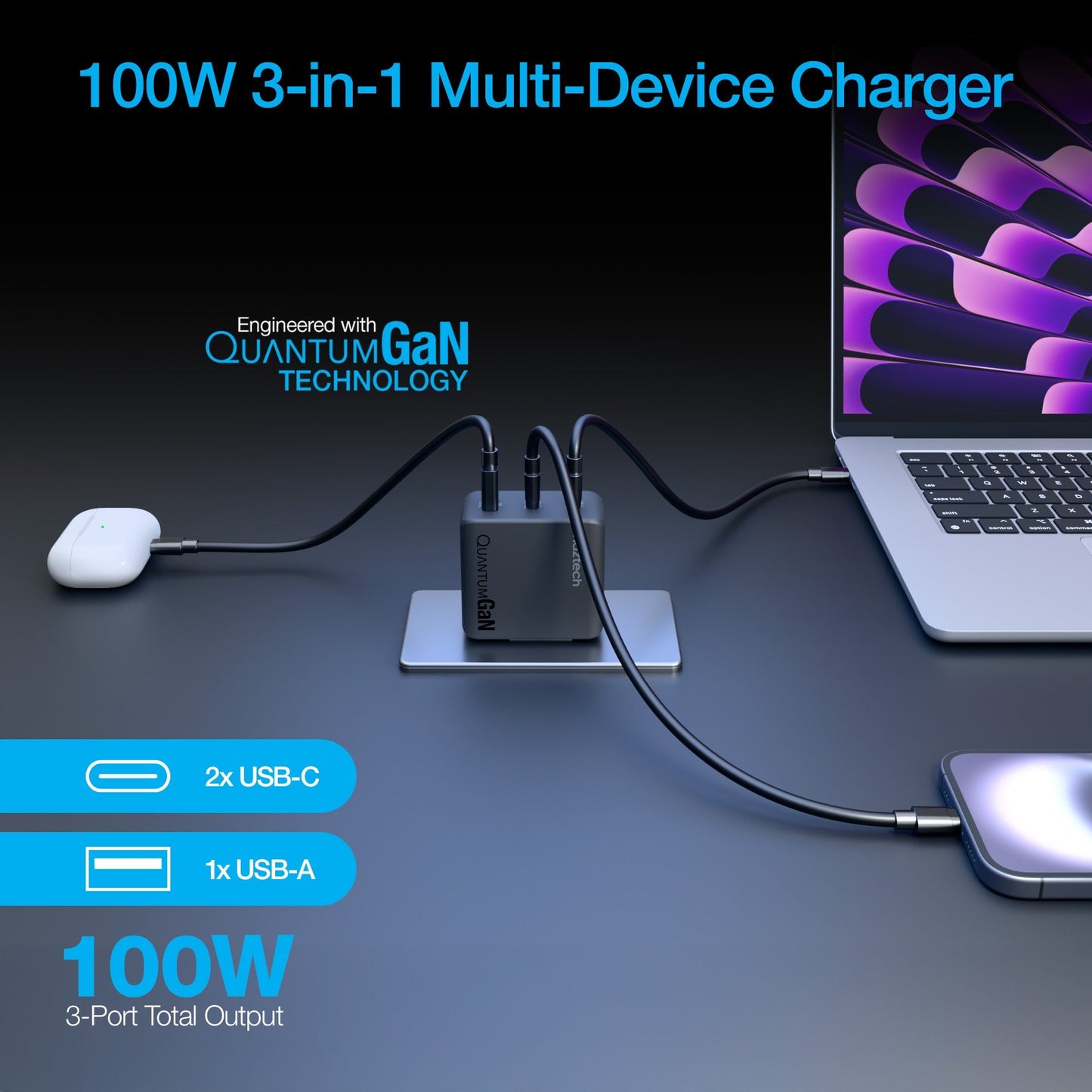 Nexus T100 100W USB-C PD + USB 3-Port GaN Ultra-Fast Wall Charger with PPS | Black - US Stores