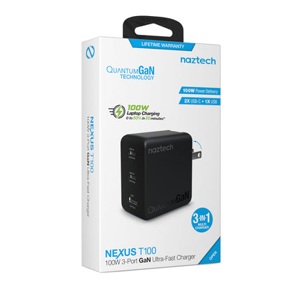 Nexus T100 100W USB-C PD + USB 3-Port GaN Ultra-Fast Wall Charger with PPS | Black - US Stores