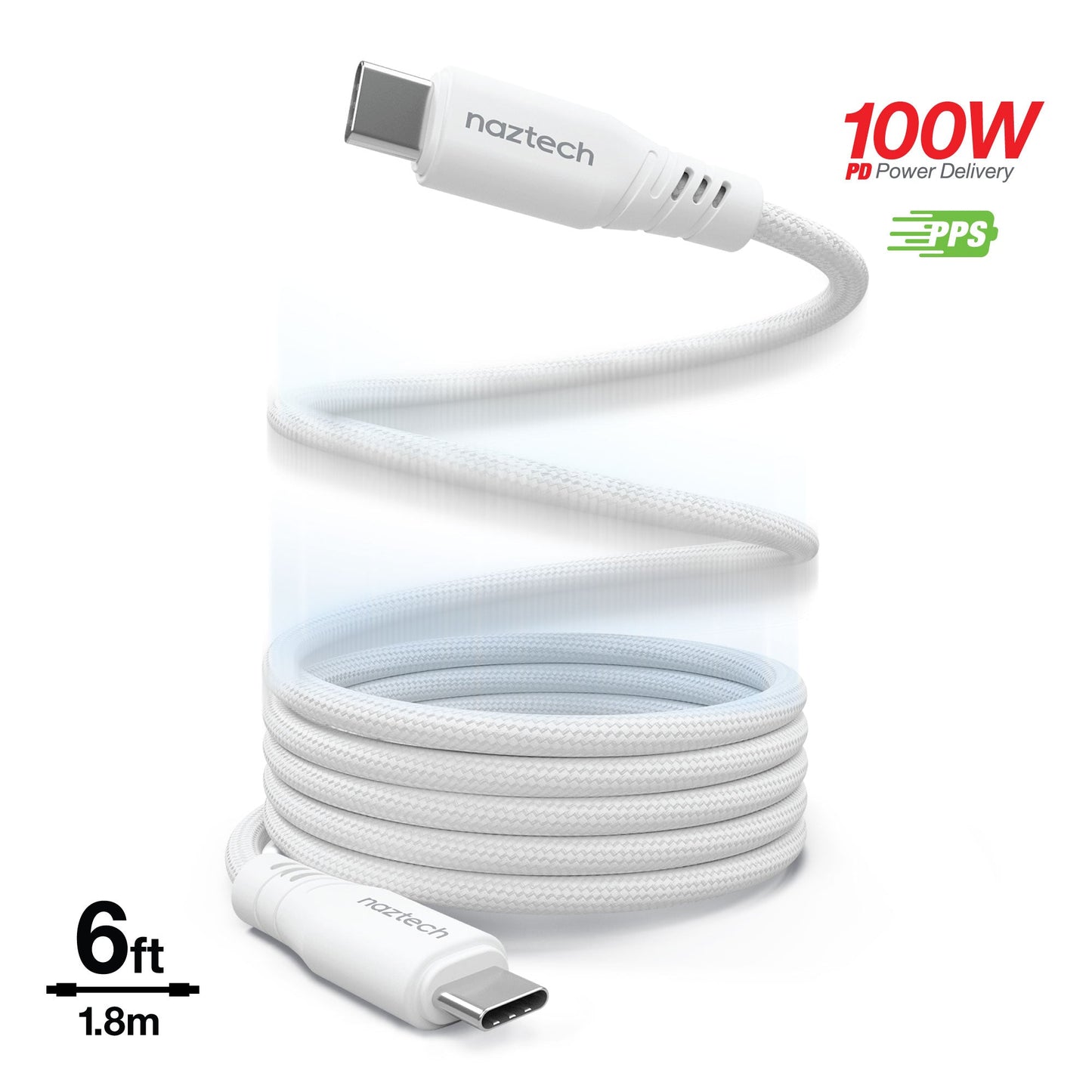 REcoil 100W USB-C to USB-C Magnetic Braided Fast Charge Cable | 6ft | White - US Stores