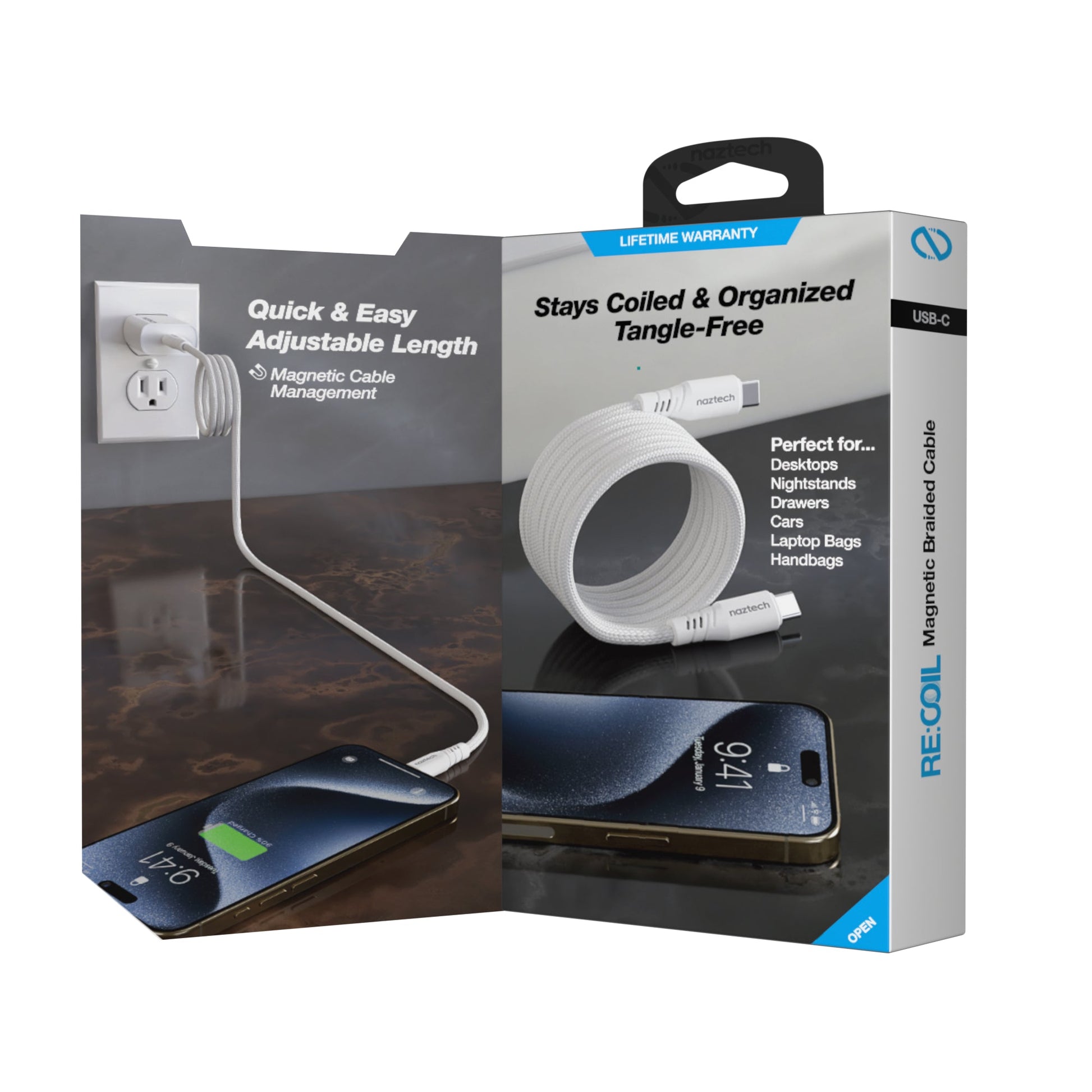 REcoil 100W USB-C to USB-C Magnetic Braided Fast Charge Cable | 6ft | White - US Stores