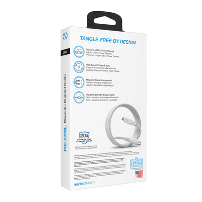 REcoil 100W USB-C to USB-C Magnetic Braided Fast Charge Cable | 6ft | White - US Stores