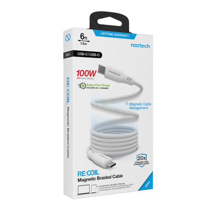 REcoil 100W USB-C to USB-C Magnetic Braided Fast Charge Cable | 6ft | White - US Stores