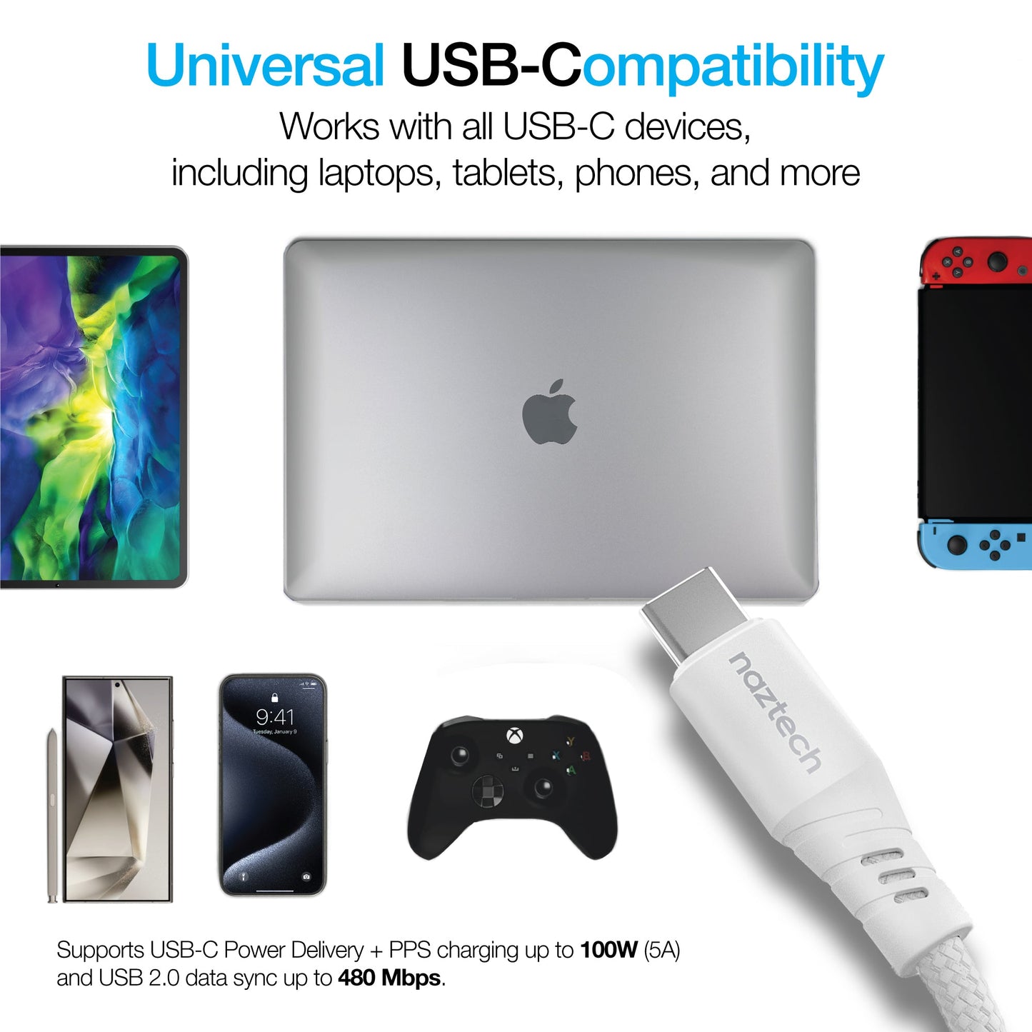 REcoil 100W USB-C to USB-C Magnetic Braided Fast Charge Cable | 6ft | White - US Stores