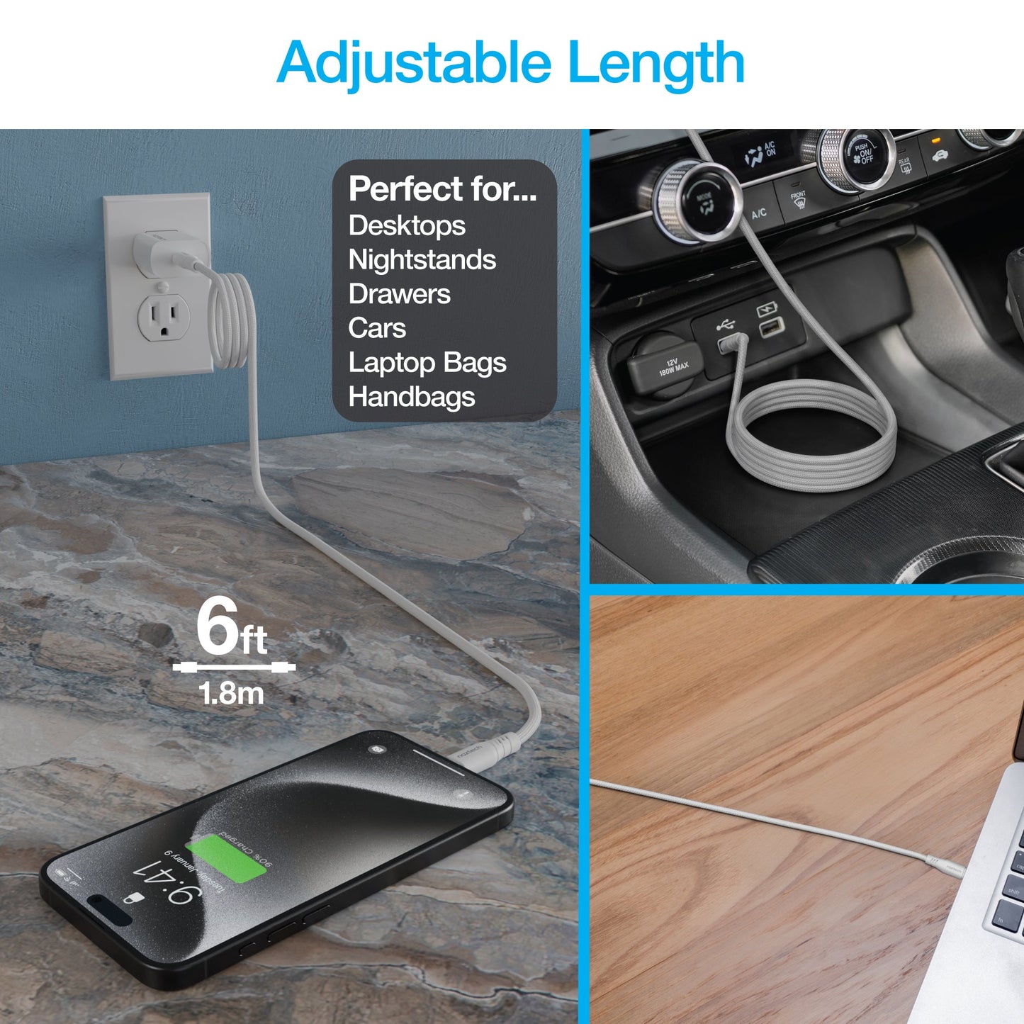 REcoil 100W USB-C to USB-C Magnetic Braided Fast Charge Cable | 6ft | White - US Stores