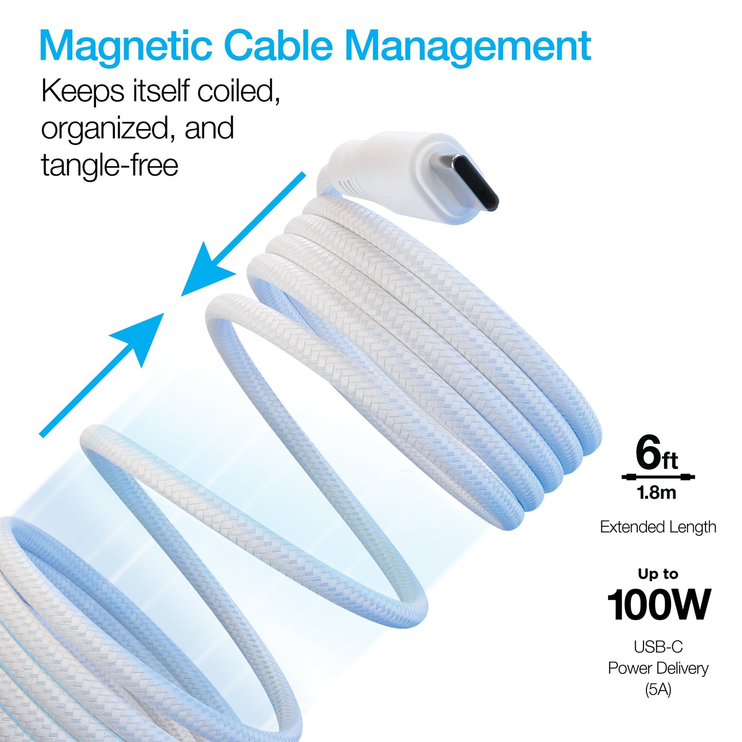 REcoil 100W USB-C to USB-C Magnetic Braided Fast Charge Cable | 6ft | White - US Stores