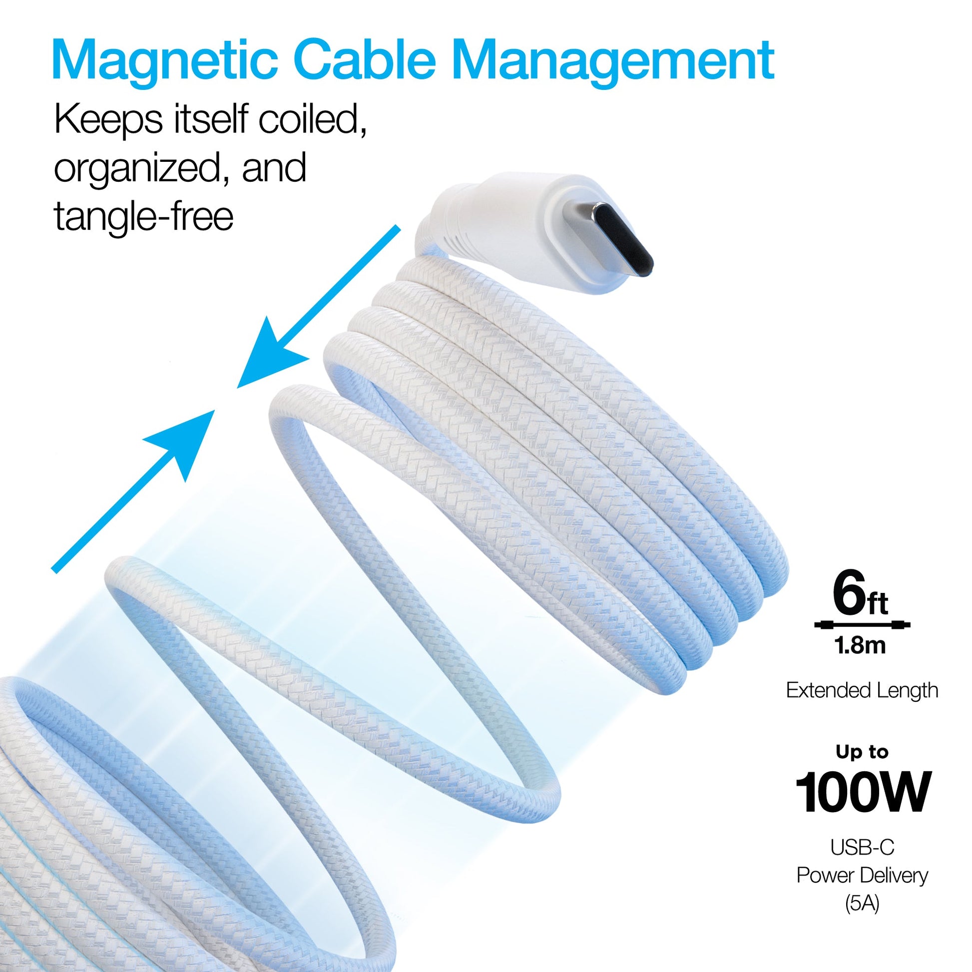 REcoil 100W USB-C to USB-C Magnetic Braided Fast Charge Cable | 6ft | White - US Stores